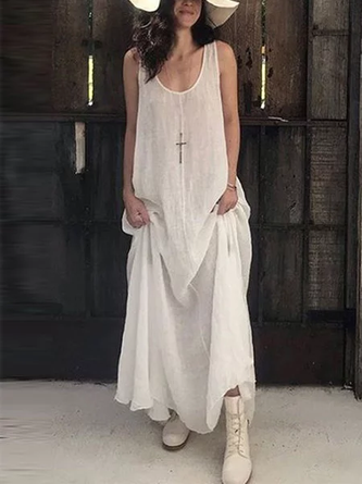 Summer Plus Size Sleeveless U-Neck Linen Maxi Dress