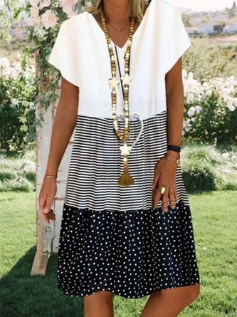 Neck Short Sleeve Cotton-Blend Dress