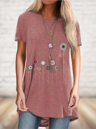 Crew Neck Short Sleeve Cotton-Blend Floral T-Shirt