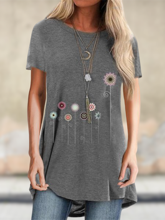 Crew Neck Short Sleeve Cotton-Blend Floral T-Shirt