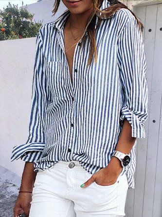 Shirt Collar Buttoned Long Sleeve Stripes Casual Plus Size Shirt