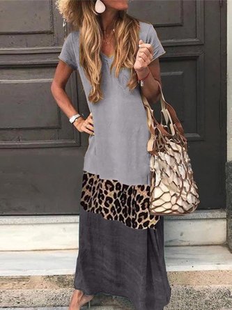 V Neck Cotton Short Sleeve Paneled Dress