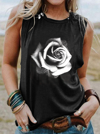 Black Casual Floral-Print Crew Neck Tank