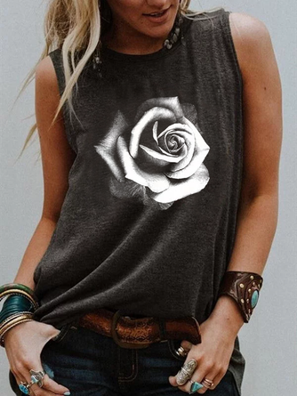Black Casual Floral-Print Crew Neck Tank