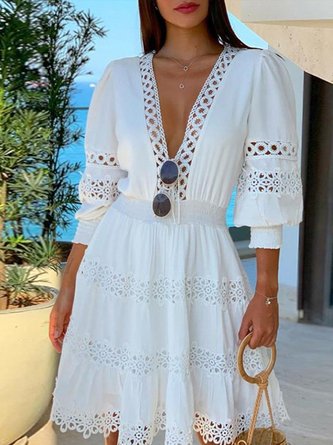 V Neck White  A-Line Paneled Midi Dress