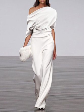 White Casual Short Sleeve Off Shoulder One-Pieces