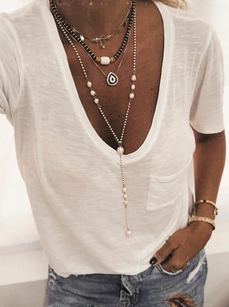 Women Summer Solid Tee Pocket Short Sleeve T-Shirt