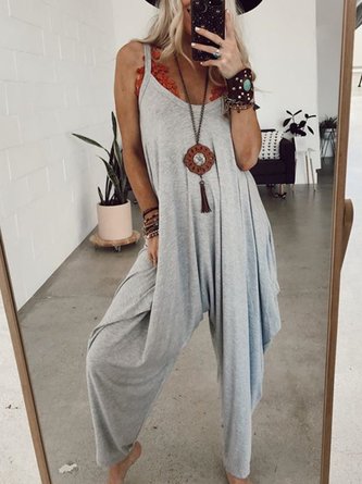 Gray Sleeveless Solid Round Neck Casual Jumpsuit