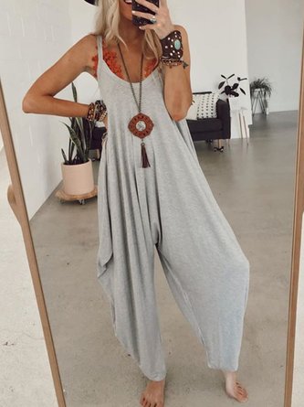 Gray Sleeveless Solid Round Neck Casual Jumpsuit