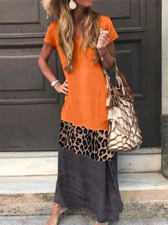 V Neck Cotton Short Sleeve Paneled Dress