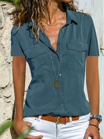 Shirt Collar Plain Casual Blouse