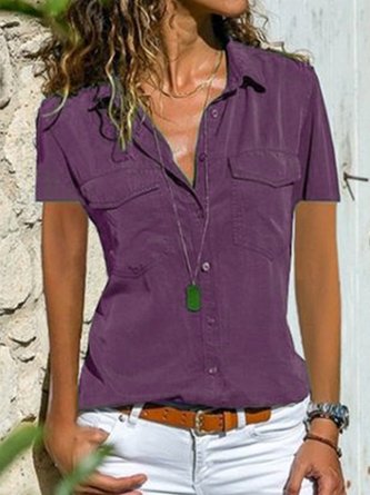 Shirt Collar Plain Casual Blouse