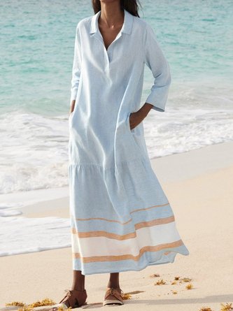 Plus Size Maxi Shirt Dress Pockets Long Sleeve Dress