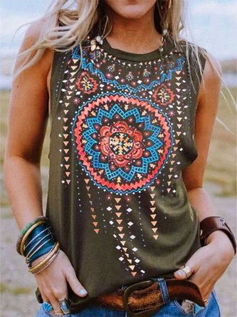 Printed Boho Crew Neck Sleeveless Tank