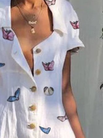 Short Sleeve Shirt Collar Linen Jumpsuit