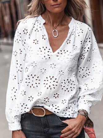 White V Neck Patchwork Casual Top