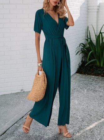 Dark Green Shift Short Sleeve Solid Sexy Jumpsuit