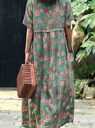 Green Round Neck Floral-Print Casual Cotton Dress