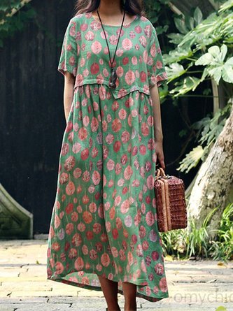 Green Round Neck Floral-Print Casual Cotton Dress