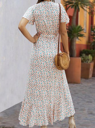 Summer Surplice Neck Printed Wrap Maxi Dress
