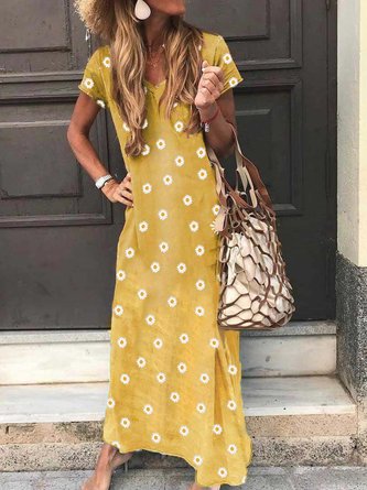 Summer casual retro little daisy printed short-sleeved V-neck dress