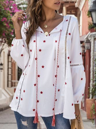 White Long Sleeve V Neck Printed Boho Top