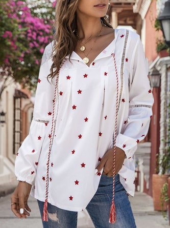 White Long Sleeve V Neck Printed Boho Top