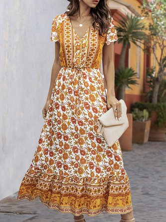V Neck A-Line Boho Floral Maxi Dress