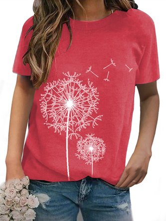 Dandelion Print Cotton-Blend Short Sleeve Casual T-Shirt