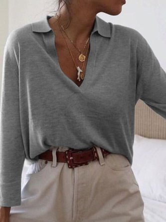 Long Sleeve Solid Cotton Shirt Collar Top