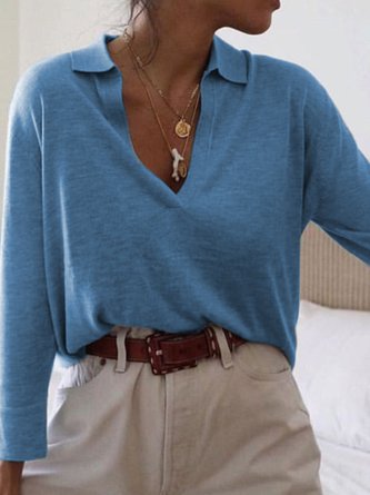 Long Sleeve Solid Cotton Shirt Collar Top