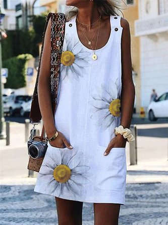 White Cotton-Blend Crew Neck Casual Sleeveless Dress
