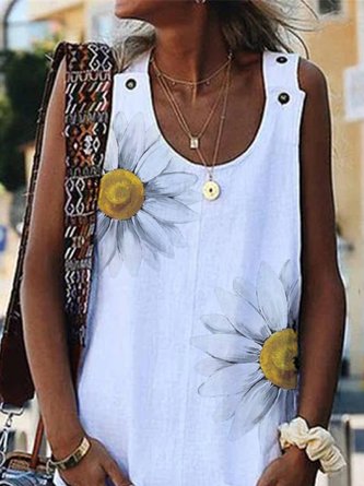 White Cotton-Blend Crew Neck Casual Sleeveless Dress