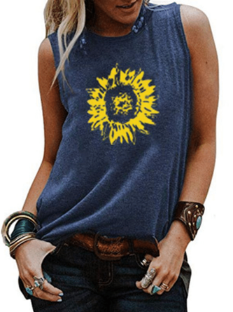 Casual Sleeveless Cotton-Blend Floral-Print Tank