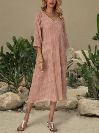 V Neck Swing Casual Linen Midi Dress