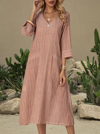 V Neck Swing Casual Linen Midi Dress