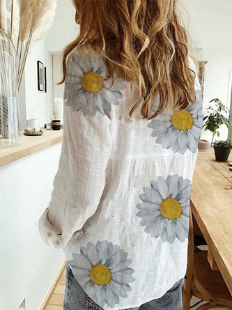 White Long Sleeve Cotton V Neck Printed Top