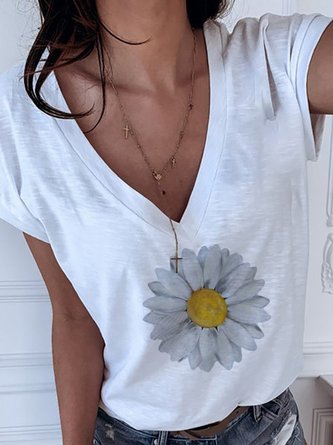 White Printed Casual Short Sleeve V Neck Top