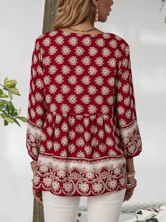 Red Gathered 3/4 Sleeve Boho Top