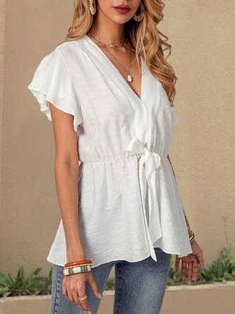 White Short Sleeve V Neck Casual Lace Up Top