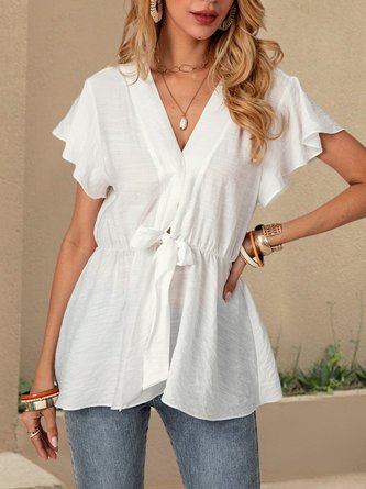 White Short Sleeve V Neck Casual Lace Up Top