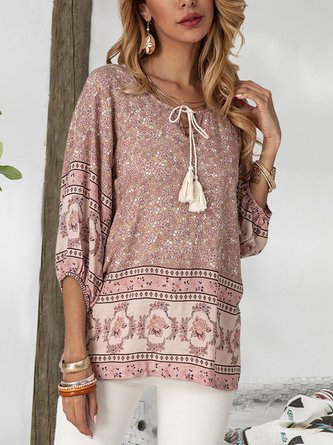 Pink Floral-Print Tribal Boho Top