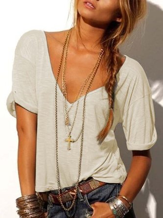 Cotton-Blend Short Sleeve Solid V Neck T-Shirt