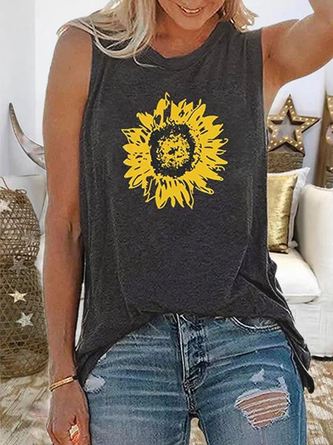Casual Sleeveless Cotton-Blend Floral-Print Tank