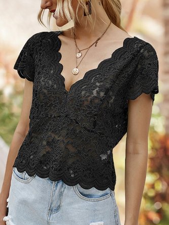 V Neck Guipure Lace Solid Short Sleeve Top
