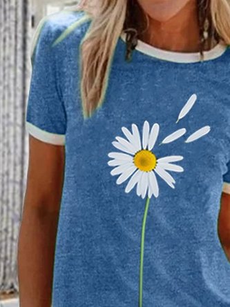 Round Neck Casual Daisy Printed Short-sleeved T-shirt