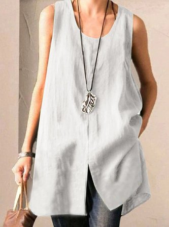 Cotton-Blend Solid Casual Crew Neck Top