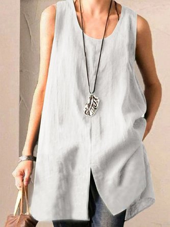 Cotton-Blend Solid Casual Crew Neck Top