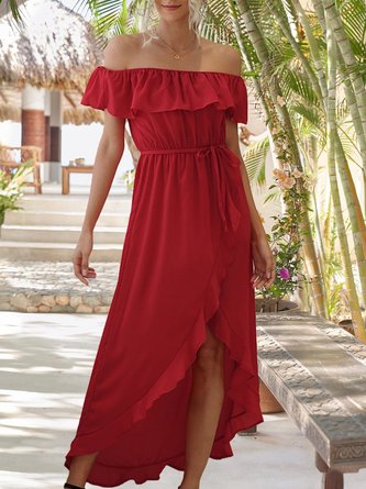 Horizontal Neck  A-Line Ruffled Maxi Dress