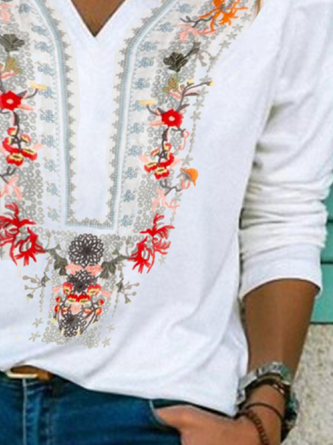 Casual Plus Size Printed V Neck Long Sleeve Top